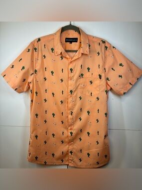 Molokai Surf Co Men’s Button Up Shirt Cactus Print Orange Short Sleeve Size M